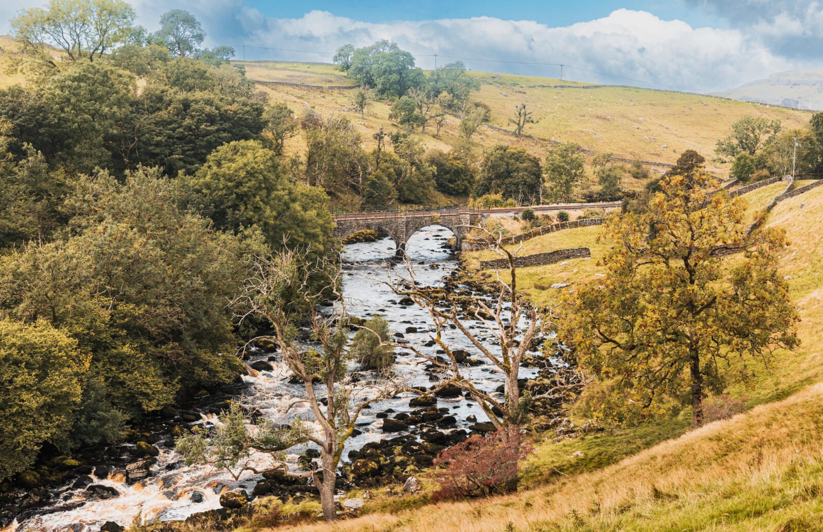 Stone bridge crossing a river valley in the Yorkshire Dales, surrounded by rolling hills, trees and dry-stone walls.
